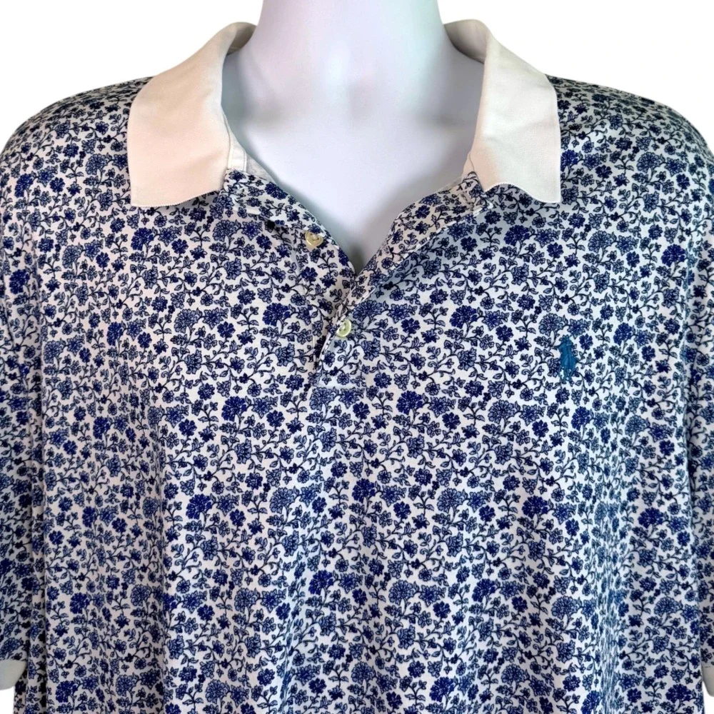 Polo Ralph Lauren Mens Floral Classic Fit Polo Shirt Sz XXL Blue White Cotton